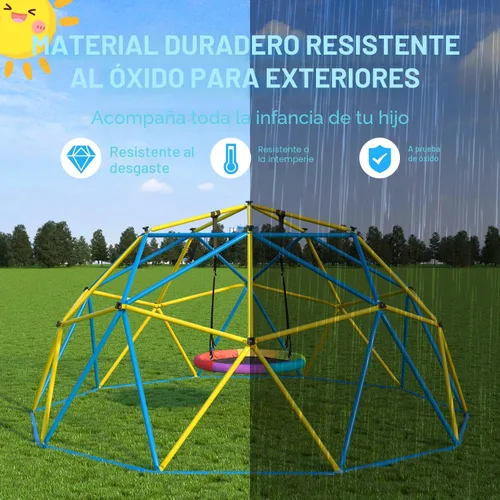 Vista 5 de Cúpula de escalada de 10 pies con columpio de arcoíris, gimnasio de jungla de metal antióxido para exteriores e interiores, equipo de juego