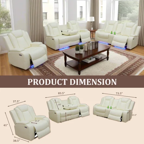 Vista 3 de Juego de sofá reclinable eléctrico para sala de estar, sofás reclinables de cuero blanco crema con puerto USB, sofá de cuero con sillón reclinable
