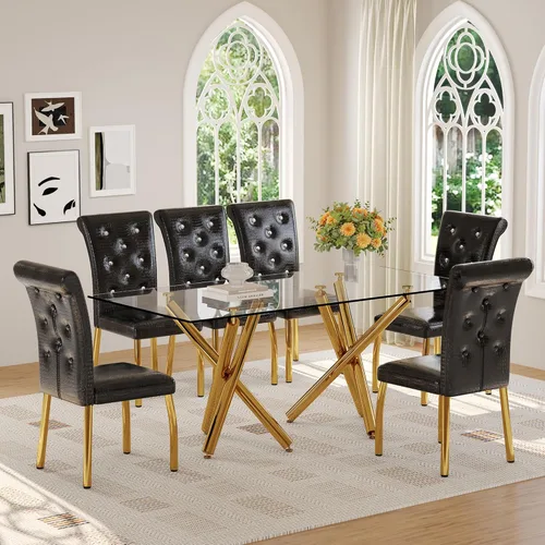 Vista 8 de Ebullient Moderno juego de mesa de comedor para 6, mesa de comedor de cristal de 71 pulgadas y patas de mesa de metal dorado, mesas de comedor