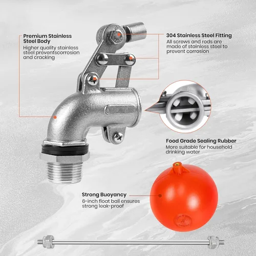 Vista 2 de Válvula de flotador de acero inoxidable de 3/4 pulgadas para tanque de agua, diseño resistente con varilla de ángulo ajustable para control de nivel