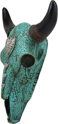 Vista 2 de Ebros - Cabeza de calavera con cuernos de búfalo occidental, diseño de encaje, diseño de encaje de voluta, diseño de pared, diseño de encaje