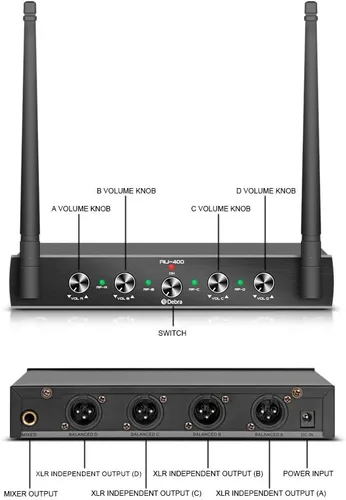 Vista 3 de Debra Audio Pro UHF Sistema de micrófono inalámbrico de 4 canales con micrófonos de mano, lavalier y diadema inalámbricos, receptor de metal, ideal