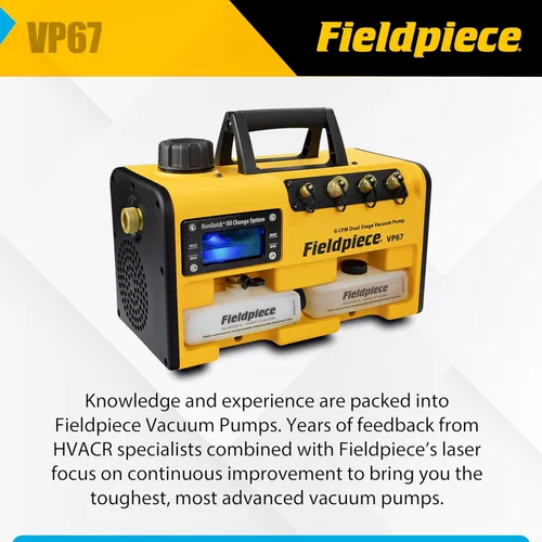 Vista 4 de Bomba de vacío Fieldpiece VP67 – 6 CFM, motor DC de 1/2 HP, sistema de cambio de aceite RunQuick – portátil - herramienta profesional HVAC