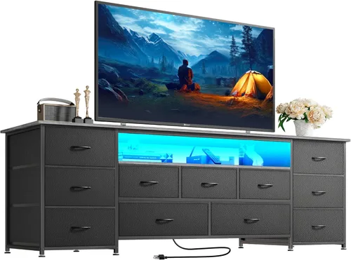 Vista 17 de Huuger Soporte de TV de 63 pulgadas para TV de 65, 70 pulgadas, cómoda larga con 11 cajones con tomas de corriente y luces LED, centro