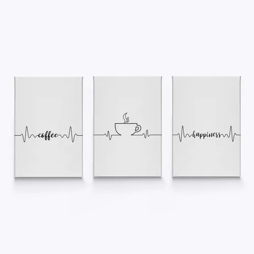 HB Art Design Coffee Happiness Line Art 3 Panel Canvas Print Set Wall Art Coffee Bar Decor Coffee Signs Kitchen Wall Decor Dining Room Restaurant
