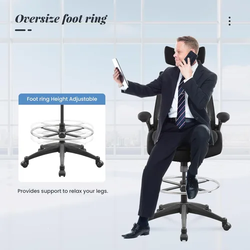 Vista 7 de Silla de oficina alta ergonómica de 400 libras para escritorio de pie ajustable con brazos abatibles, reposacabezas (con reposapiés, negro)
