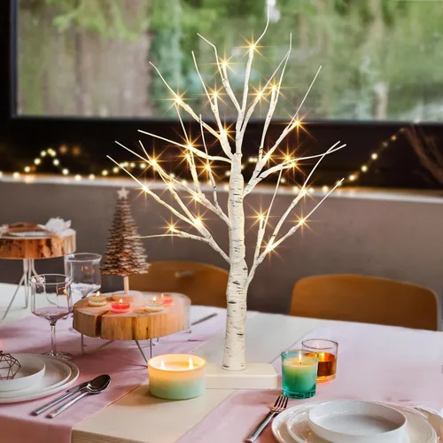 Vista 6 de PEIDUO - Decoraciones de Navidad para interiores, árbol de mesa de 22" con luces LED, árbol de abedul blanco para decoración del hogar, árbol