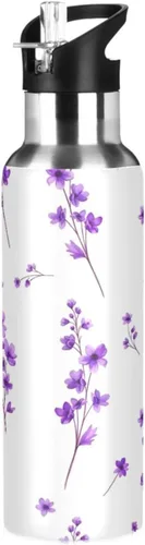 Purple Flowers Leaves Stainless Steel Water Bottle 20 Oz Leakproof Water Bottles, BPA-Free Sports Water Bottle with Straw