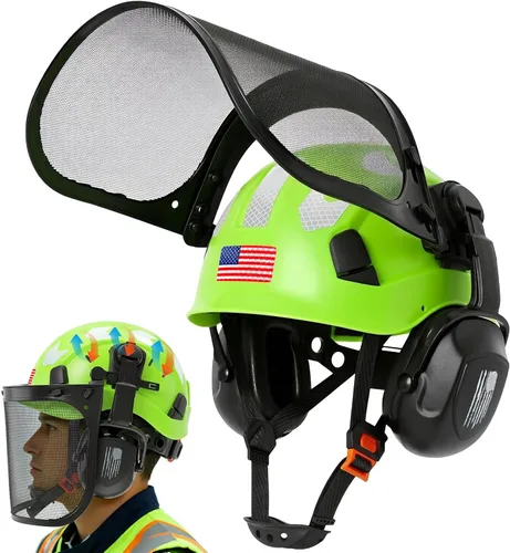 Vista 10 de Aolamegs Casco de motosierra con protector facial y orejeras, casco forestal naranja con protección auditiva y máscara de malla completa, casco