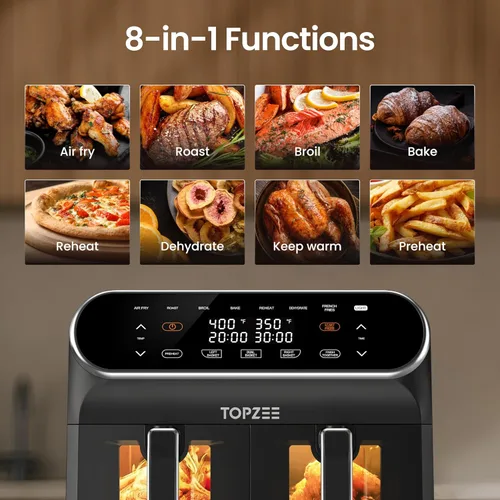 Vista 3 de Topzee Freidora de aire de doble cesta de 8 cuartos – Freidora de aire de tamaño familiar con zonas independientes duales, 8 ajustes preestablecidos