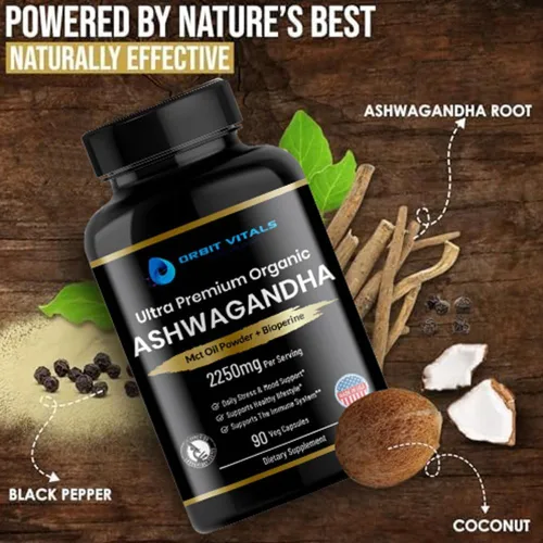 Vista 4 de Cápsulas orgánicas de Ashwagandha de 2250 mg, suplemento de Ashwagandha con polvo de aceite MCT y extracto de pimienta negra, extracto de raíz