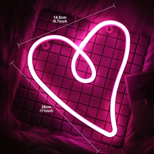 Vista 3 de Luces de neón con forma de corazón de amor, luces de noche de San Valentín, letreros de neón en forma de corazón con USB y pilas para niños