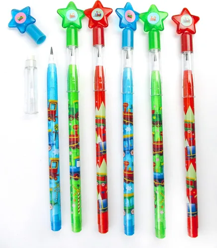 Vista 2 de TINYMILLS Juego de 24 lápices apilables de tren multipunto con borrador para tren, fiesta de cumpleaños, premio, carnaval, bolsas de regalo