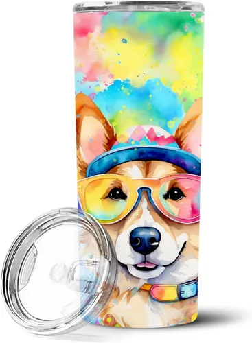 Vista 100 de Caroline's Treasures Siberian Husky Hippie Dawg - Vaso delgado de acero inoxidable al vacío de doble pared reutilizable, vaso aislado para café
