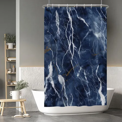 Vista 212 de Baocicco Cortina de ducha de mármol azul abstracto a rayas, decorativa, textura de lujo, línea moderna, decoración de acuarela, juego de cortinas