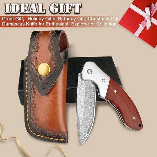 Vista 7 de KOMWERO Cuchillo de bolsillo de Damasco, cuchillo afilado de acero de damasco con núcleo VG10 de hoja de acero mango de madera, cuchillo plegable