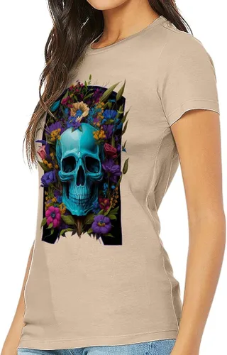 Vista 2 de Camiseta de corte ajustado con estampado de flores - Camiseta de calavera para mujer - Camiseta de ajuste delgado