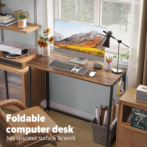 Vista 73 de WOHOMO Escritorio plegable de mármol sintético blanco, escritorio pequeño de 31.5 pulgadas para espacios pequeños con patas doradas, escritorio