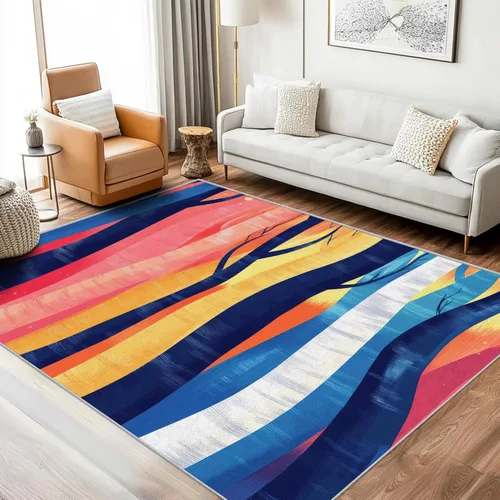 Vista 2 de Retro Tree Rugs 5x8 Rug Abstract Striped 70s Area Rug Washable, Retro Tree Carpet Home Room Decor Rugs for Living Room Bearoom Kitchen Dorm