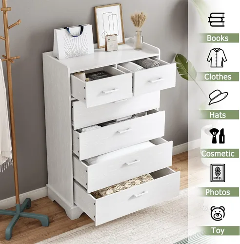 Vista 3 de EPHEX Cómoda moderna con 6 cajones, cómoda alta rústica de madera, organizador blanco para dormitorio, sala de estar, pasillo
