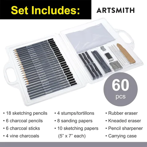 Vista 4 de Kit de dibujo de 60 piezas Lápices de dibujo de grafito para bocetos con suministros de arte de carbón Juego de dibujo profesional para artistas