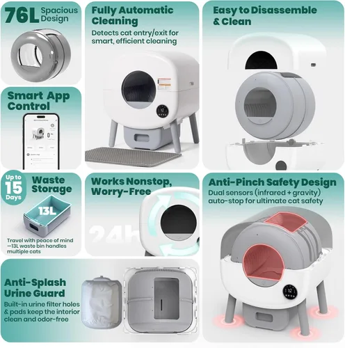 Vista 2 de Caja de arena autolimpiante: caja automática para gatos con control de aplicación, sistema de limpieza inteligente sin olor para múltiples gatos