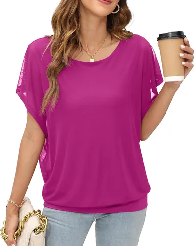 Vista 14 de VIISHOW - Blusa de gasa y de manga corta para mujer, estilo holgado y casual Negro