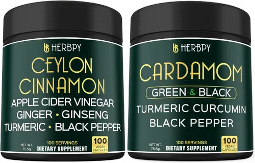 Herbpy Paquete de suplementos de canela de Ceilán 6 en 1 de primera calidad, 100 unidades y cápsulas de cardamomo 4 en 1, 100 unidades, para la
