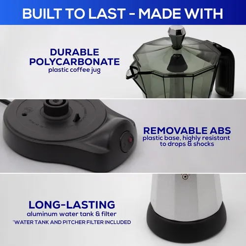 Vista 6 de universal Cafetera Eléctrica (6 Tazas), Olla de Moka Cubana (480 Vatios), Regalo para Amantes del Café, Fácil de Preparar, Prepara Recetas