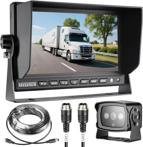 VMS 1080P HD Sistema de cámara de respaldo para vehículos, entrada de señal de 2 videos, monitor IPS de 7 pulgadas de ancho, visión nocturna,