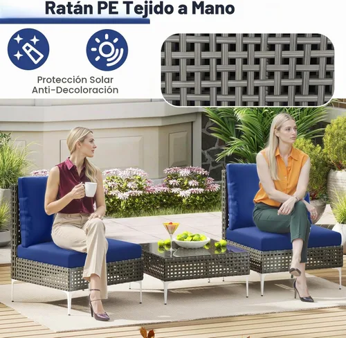 Vista 5 de Tangkula Juego de muebles de exterior de 5 piezas, juego de sofá modular acolchado de mimbre resistente con mesa de café de vidrio templado