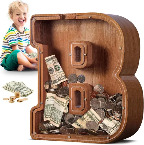 Vista 98 de SummiDate Alcancía de madera de letra para niños y niñas, Alfabeto, regalo de cumpleaños para niños (W)