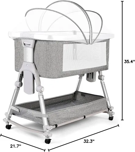 Vista 8 de SPS Cuna para bebé con cesta de almacenamiento y ruedas, cuna plegable fácil, altura ajustable, cama portátil para recién nacido