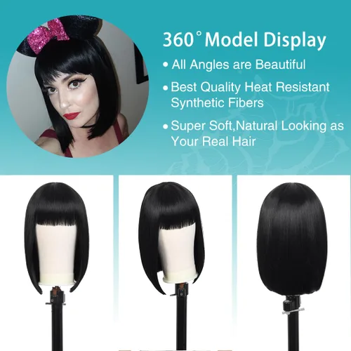 Vista 6 de Kalyss - Pelucas cortas de cabello negro con flequillo para mujer, peluca de cabello sintético completo, resistente al calor, peluca corta y recta