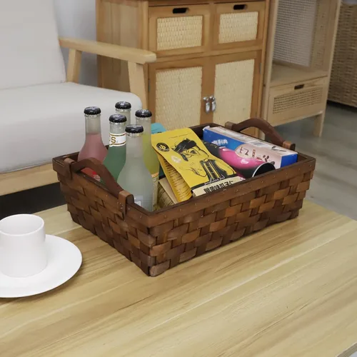 Vista 6 de Cesta rectangular de mimbre, bandeja de almacenamiento de madera tejida con asas para pan de regalo (marrón oscuro)