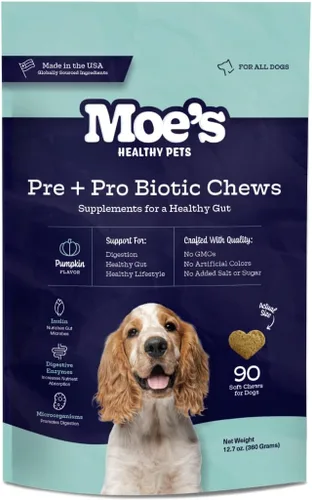 Moe's Probiotic Chews for Dogs 90ct - Prebióticos y probióticos con sabor a calabaza para la salud intestinal, la digestión, la inmunidad y el