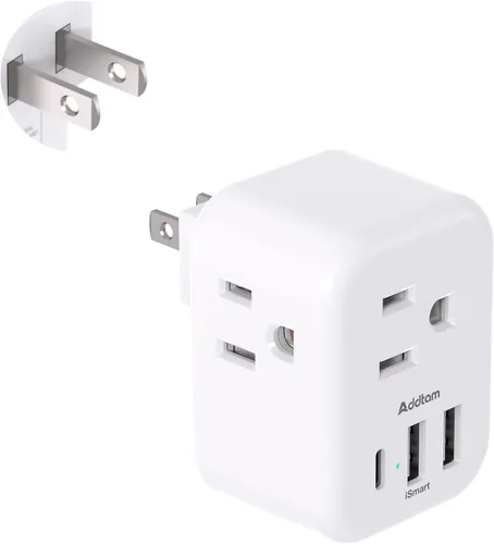 Addtam - Adaptador de enchufe de EE. UU. a Japón, adaptador de toma de 2 a 3 clavijas con 3 tomas de corriente AC y 3 puertos USB (1 USB C)