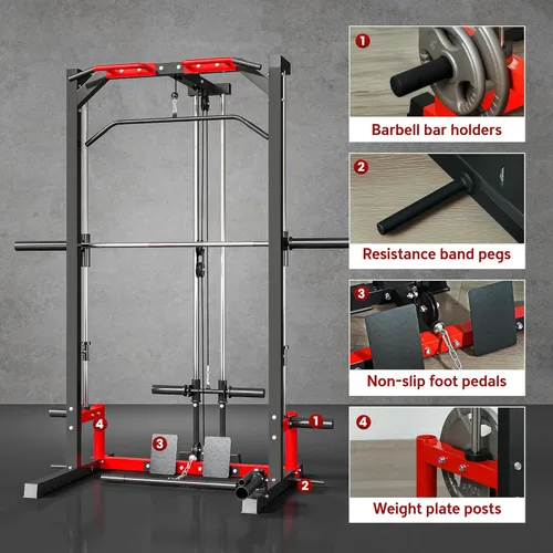 Vista 6 de Soozier Power Cage Smith Machine, estante de alimentación multifunción con barra de dominadas, sistema de extracción LAT y estante para sentadillas