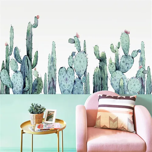 Vista 2 de Calcomanías de pared de cactus de acuarela, calcomanías de pared de plantas verdes tropicales, calcomanías de vinilo removible para sala de estar