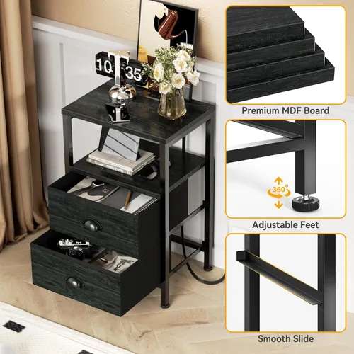 Vista 6 de Furologee - Mesitas de noche con estación de carga, mesa auxiliar con luces LED, mesitas de noche negras con 2 cajones de tela, mesas de noche