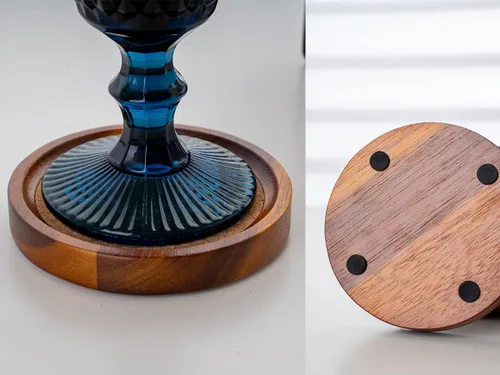 Vista 4 de Posavasos de corcho de madera de acacia con soporte, posavasos de corcho rústico absorbente para mesas de café/comedor y escritorios, juego de 6