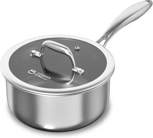COOKER KING Cacerola de acero inoxidable de 1.5 cuartos de galón, sartén antiadherente, olla de cerámica con tapa de vidrio templado, olla de
