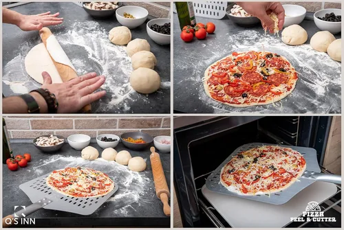 Vista 4 de Pala de pizza de aluminio de 12 x 14 pulgadas con mango de madera plegable para un fácil almacenamiento. La paleta de pizza se puede utilizar