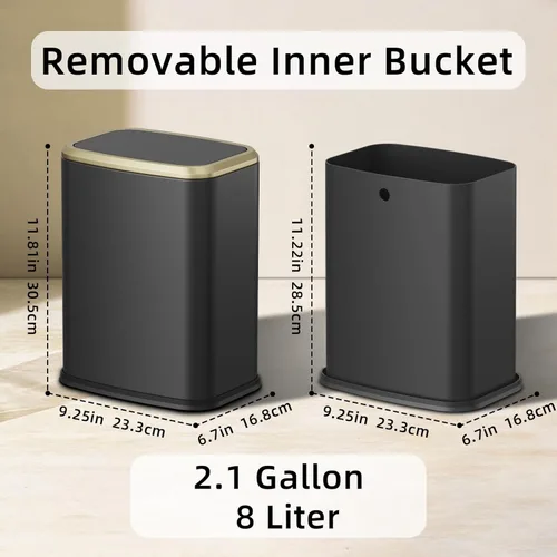 Vista 6 de Cubo de basura pequeño para baño de 8L/2.1 galones con tapa, cubo de basura rectangular con tapa abatible, cubo de basura de acero inoxidable