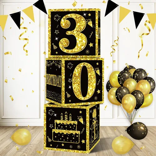 Vista 9 de Eiurteao Cajas de 3 piezas para decoraciones de cumpleaños número 16 para niñas y niños, cajas de globos de cumpleaños número 16 en negro y dorado