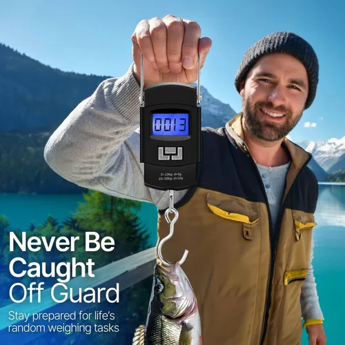 Vista 8 de Flexzion Báscula digital para colgar, báscula portátil de equipaje de 110 libras y báscula de pescado con retroiluminación electrónica LCD, gancho