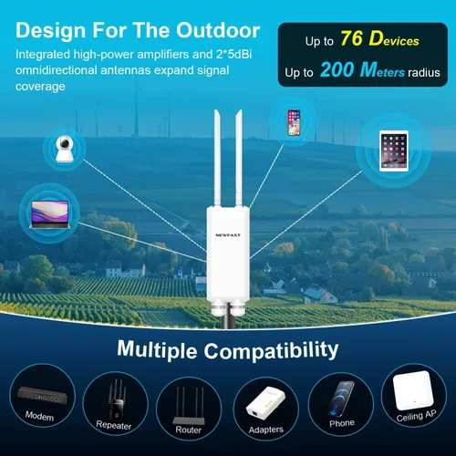 Vista 4 de NEWFAST AC1200 Gigabit Extensor WiFi para exteriores, punto de acceso al aire libre de doble banda resistente a la intemperie con POE, 2 antenas