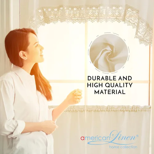 Vista 3 de American Linen Cortinas de café para cocina, cortinas de baño con cenefa, borde de encaje bordado. (beige)