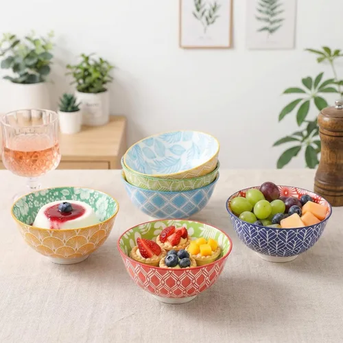 Vista 6 de Juego de 6 cuencos de postre pequeños de cerámica para helado, aperitivos, arroz, estilo colorido y lindo, aptos para microondas y lavavajillas