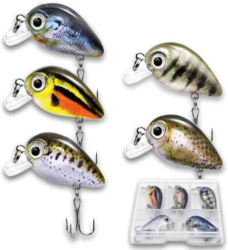 Juego de 5 señuelos de pesca con microcrankbait, cebo duro realista para ojos 3D con ganchos agudos afilados, señuelos de agua dulce y salada para